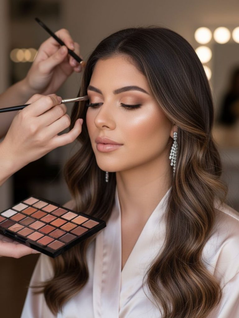 Close-up of a bride getting her eye makeup done by a makeup artist.