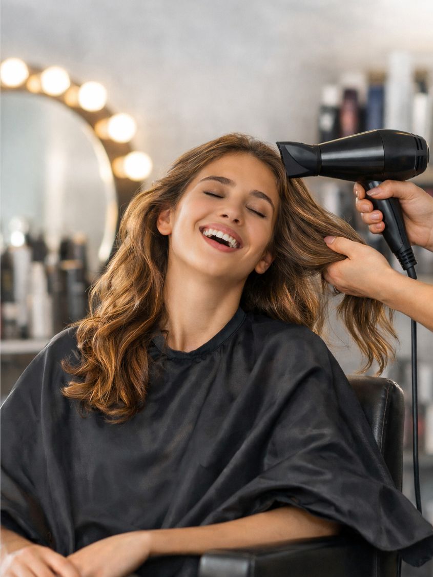 Woman enjoying professional hair styling treatment at a modern beauty salon - Somi's Glamour Beauty Salon in Mehmoodabad